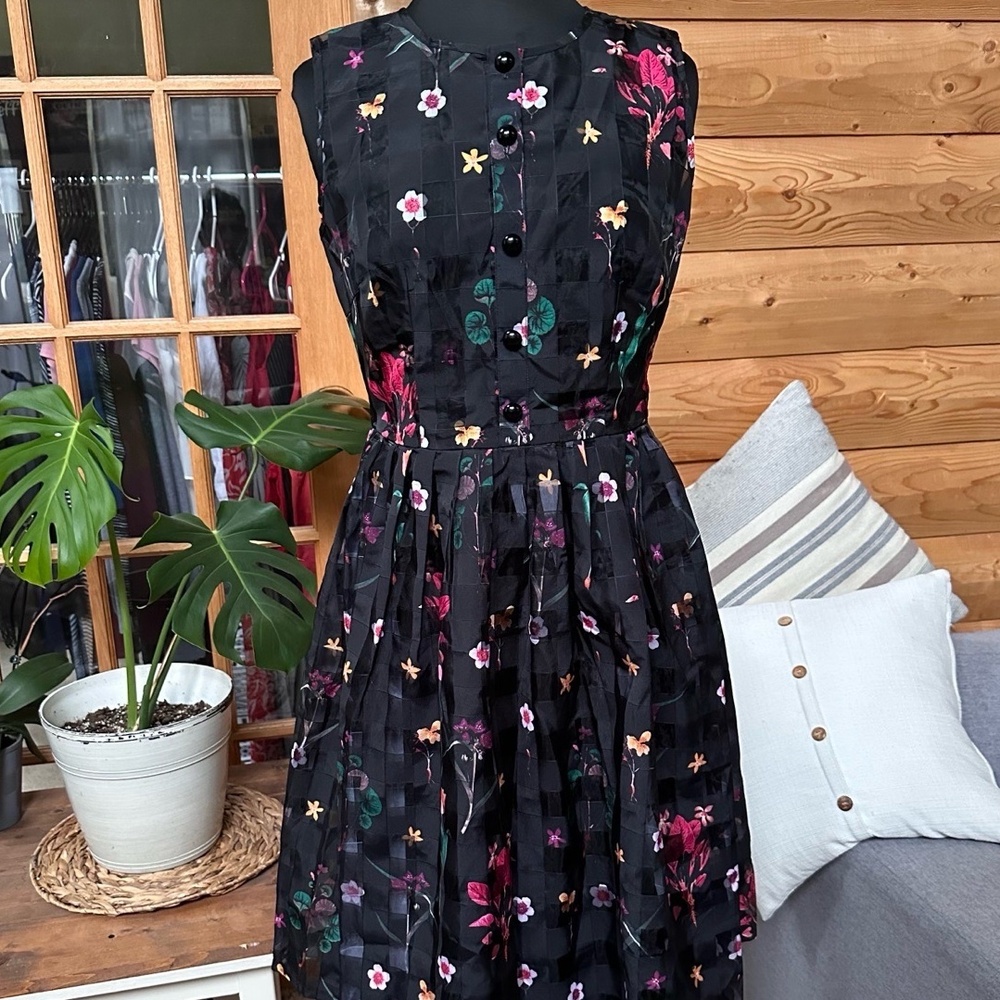 Black Floral Print Pleated Skirt Button Front Sleeveless Dress Large - Picture 16 of 16
